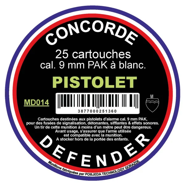 Concorde Defender Boîte de 25 cartouches cal. 9 mm PAK à blanc