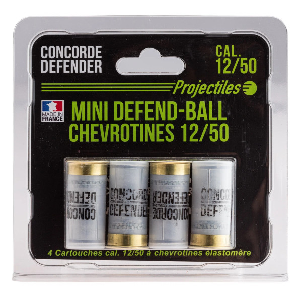 4 cartouches Mini Defend-Ball cal. 12/50 chevrotine Elastomere  Chez DEVILLE ARMORY. Votre armurerie en ligne.