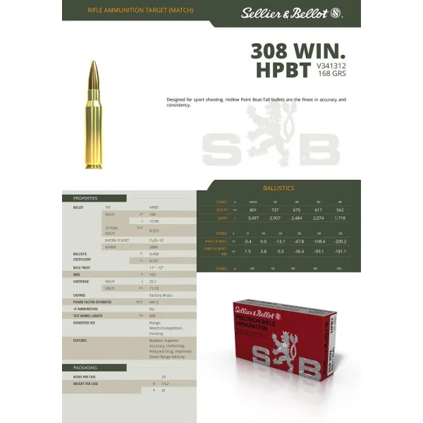 Sellier Bellot Cartouches S&B 308 Winchester HPBT 168GRS / 10,9G