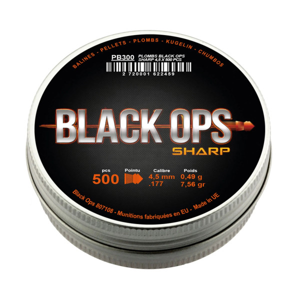 Boîte de 500 plombs Black Ops Sharp à tête pointue cal. 4.5 mm  Chez DEVILLE ARMORY. Votre armurerie en ligne.