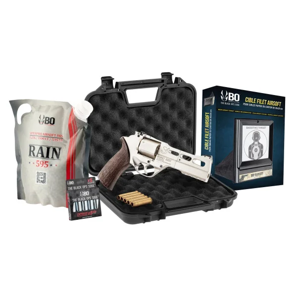 Pack Airsoft revolver CO2 CHIAPPA RHINO 50DS + Co2 + billes + douilles CNC + cible + mallette
