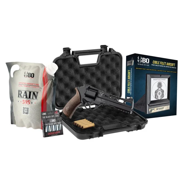 Pack Airsoft revolver CO2 CHIAPPA RHINO 60DS + Co2 + billes + douilles CNC + cible + mallette