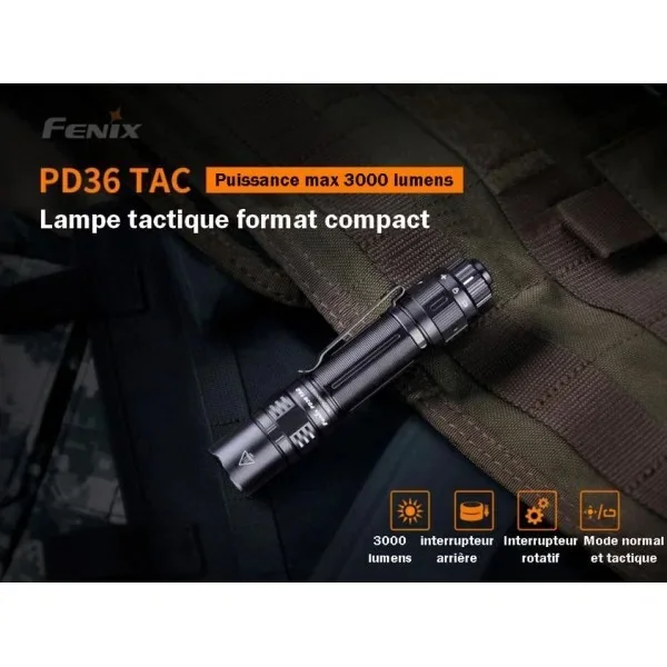 Fenix Lampe de poche tactique puissante format compact PD36 TAC - 3000 LUMENS