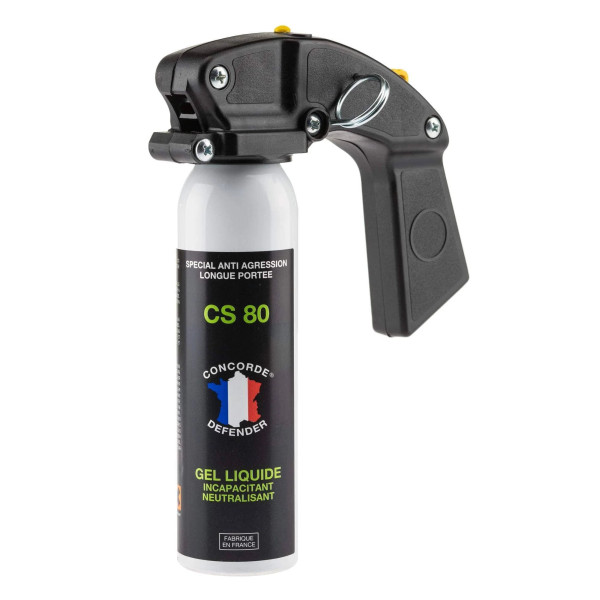 Aérosol GEL CS 80 100 ml avec poignée  Chez DEVILLE ARMORY. Votre armurerie en ligne.