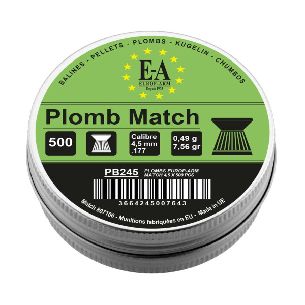 Plombs Match Europ-Arm à tête plate cal. 4,5 mm  Chez DEVILLE ARMORY. Votre armurerie en ligne.