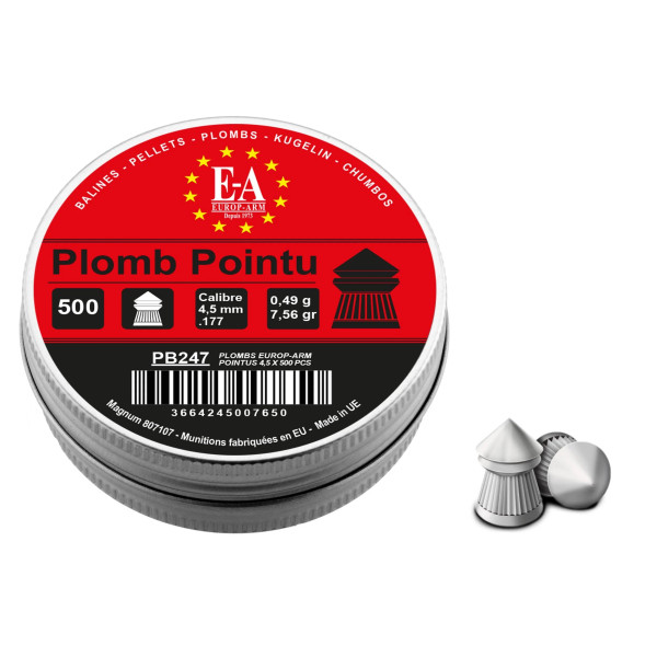 Plombs Europ-Arm à tête pointue cal. 4,5 mm  Chez DEVILLE ARMORY. Votre armurerie en ligne.
