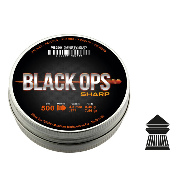 Boîte de 500 plombs Black Ops Sharp à tête pointue cal. 4.5 mm  Chez DEVILLE ARMORY. Votre armurerie en ligne.