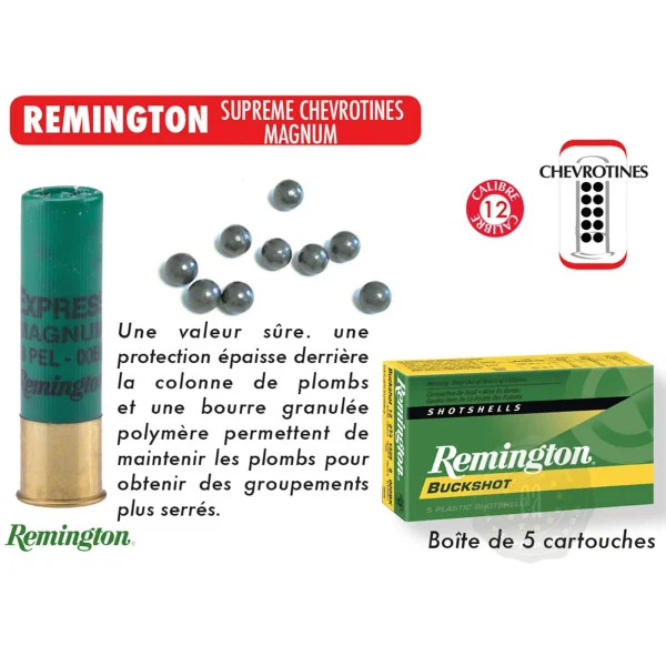 Cartouches Remington Suprême chevrotines Magnum - Cal. 12/76 ou 12/89