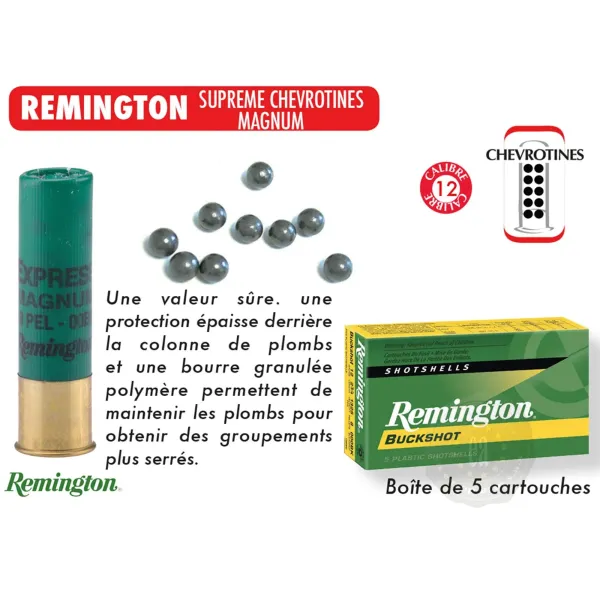 Cartouches Remington Suprême chevrotines Magnum - Cal. 12/76 ou 12/89