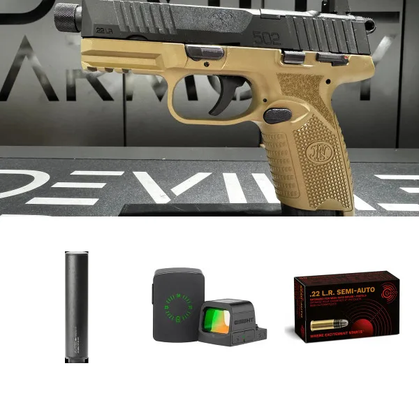 Pack pistolet FN502 FDE/Noir 22 LR + Osight S + modérateur + 500 cartouches