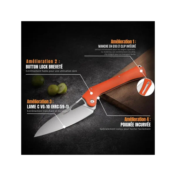 TACRAY KNIVES - TR-FK02 ORANGE - Couteau de cuisine pliant lame VG10 manche G10 - 5