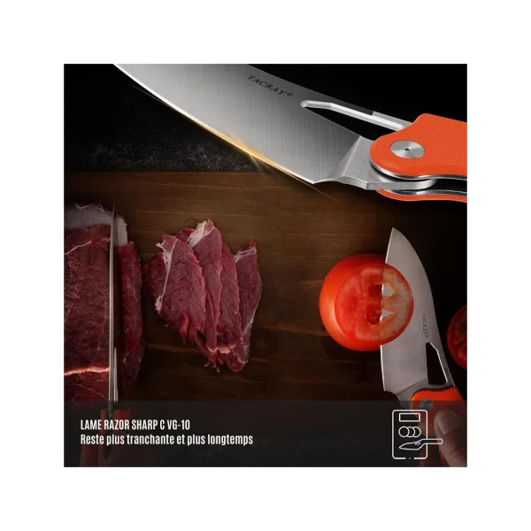 TACRAY KNIVES - TR-FK02 ORANGE - Couteau de cuisine pliant lame VG10 manche G10 - 10