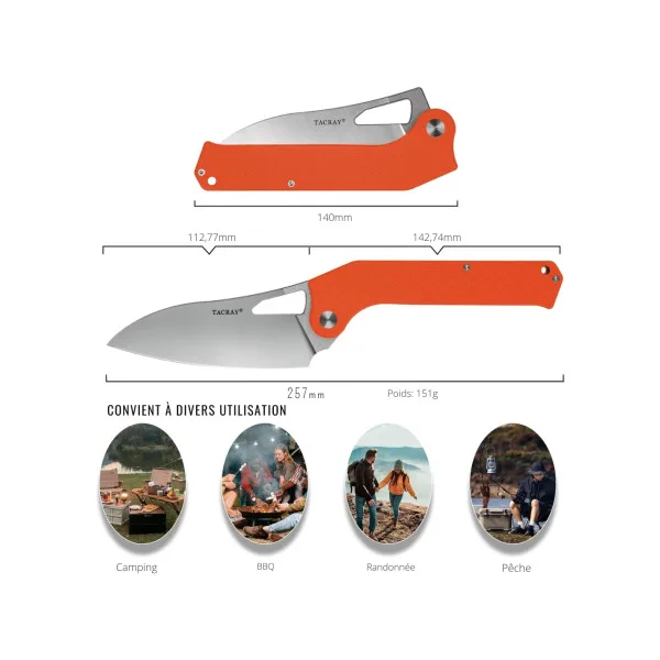 TACRAY KNIVES - TR-FKK01 ORANGE - Couteau de cuisine pliant lame VG10 manche G10 - 6
