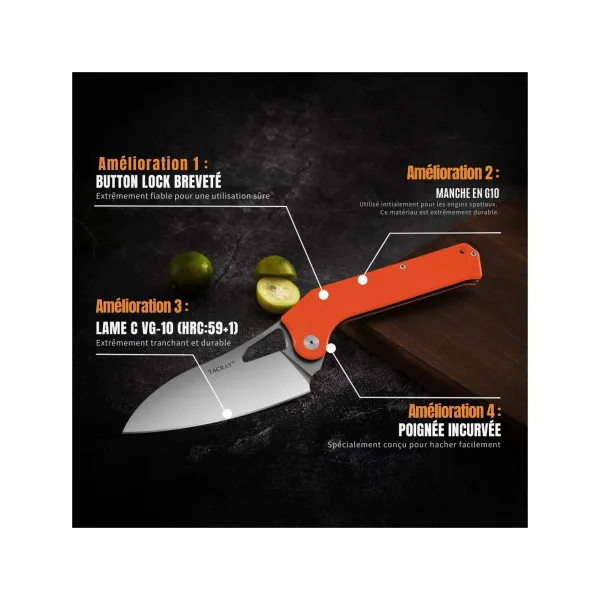 TACRAY KNIVES - TR-FKK01 ORANGE - Couteau de cuisine pliant lame VG10 manche G10 - 9