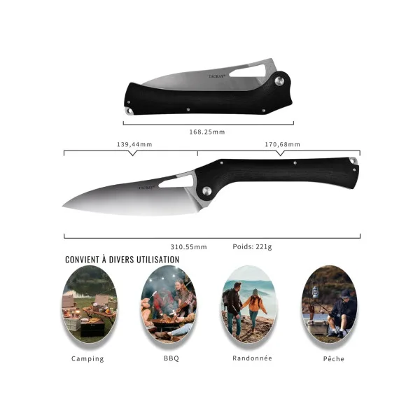 TACRAY KNIVES - TR-FKK03 - Couteau de cuisine pliant lame VG10 manche G10 Noir - 4