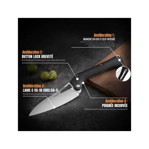 TACRAY KNIVES - TR-FKK03 - Couteau de cuisine pliant lame VG10 manche G10 Noir - 8