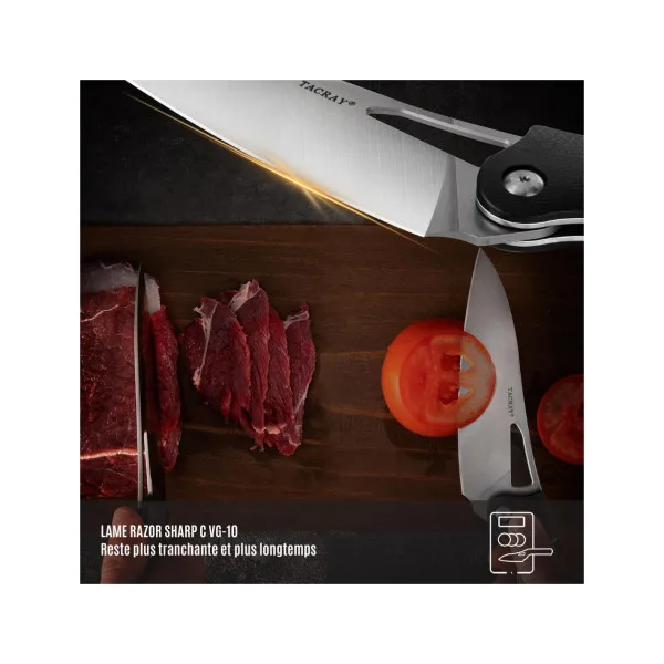 TACRAY KNIVES - TR-FKK03 - Couteau de cuisine pliant lame VG10 manche G10 Noir - 9