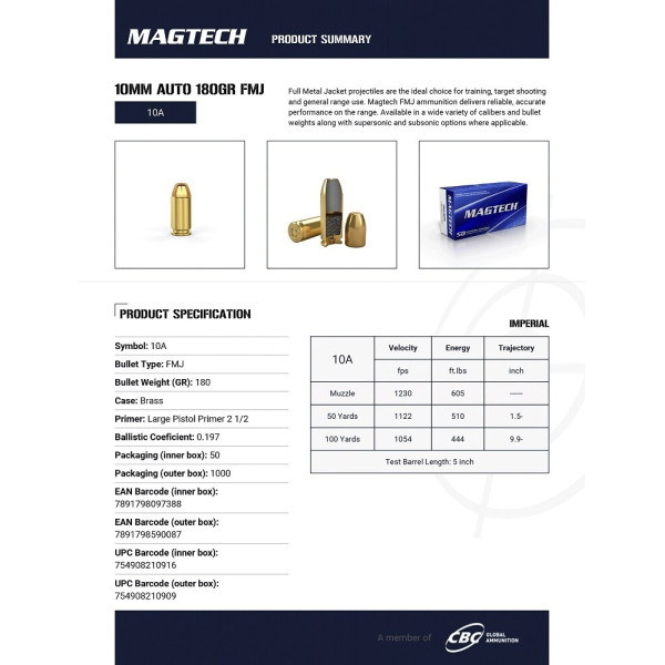 CARTOUCHES MAGTECH 10MM AUTO 180GR FMJ 10A*+