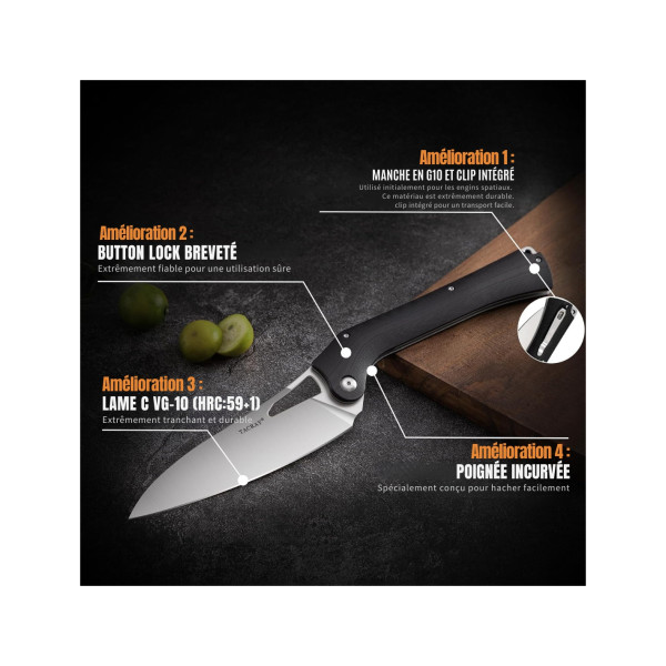 TACRAY KNIVES - TRFKK03N - Couteau de cuisine pliant lame VG10 manche G10 Noir - 8