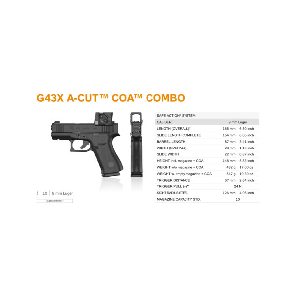 Pistolet Glock 43X Gen5 FS A-Cut Combo Aimpoint COA 9x19  Chez DEVILLE ARMORY. Votre armurerie en ligne.