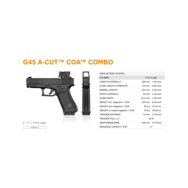 Pistolet Glock 45 Gen5 FS A-Cut Combo Aimpoint COA 9x19  Chez DEVILLE ARMORY. Votre armurerie en ligne.