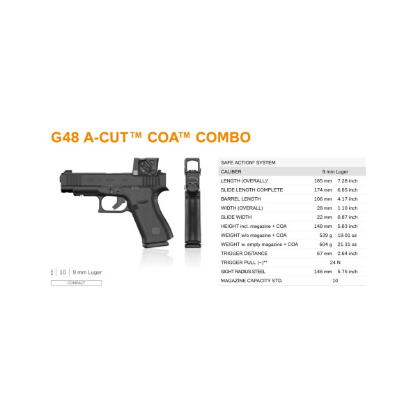 Pistolet Glock 48 Gen5 FS A-Cut Combo Aimpoint COA 9x19  Chez DEVILLE ARMORY. Votre armurerie en ligne.