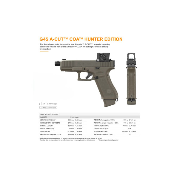 Pistolet GLOCK 45 HUNTER EDITION A-CUT FILETE COMBO AIMPOINT COA  Chez DEVILLE ARMORY. Votre armurerie en ligne.
