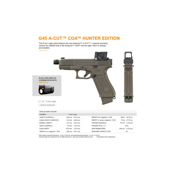 Pistolet Glock 45 Hunter Edition A-CUT Fileté Combo Aimpoint + GTL II  Chez DEVILLE ARMORY. Votre armurerie en ligne.