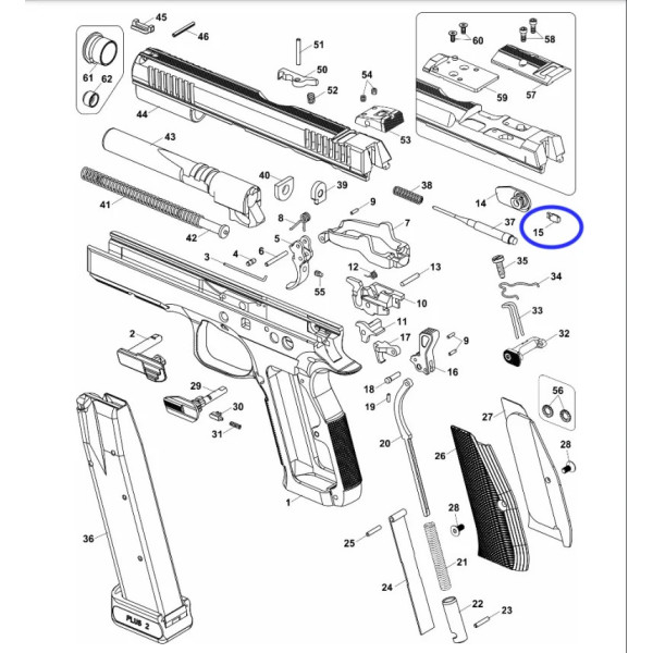 Verrou levier sureté droite CZ 75 Shadow 1/2 N°15  Chez DEVILLE ARMORY. Votre armurerie en ligne.