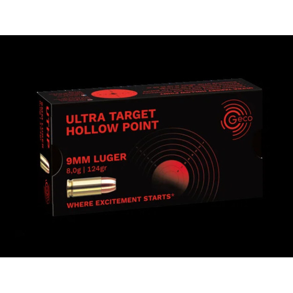 50 Cartouches GECO 9x19 UTHP 124gr  Chez DEVILLE ARMORY. Votre armurerie en ligne.
