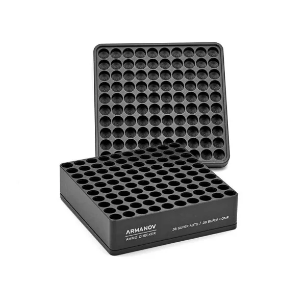 Armanov GB Case Gauge Box 100 pochettes avec couvercle rabattable, NOIR, calibre : .38 SUPER COMP pour MTM