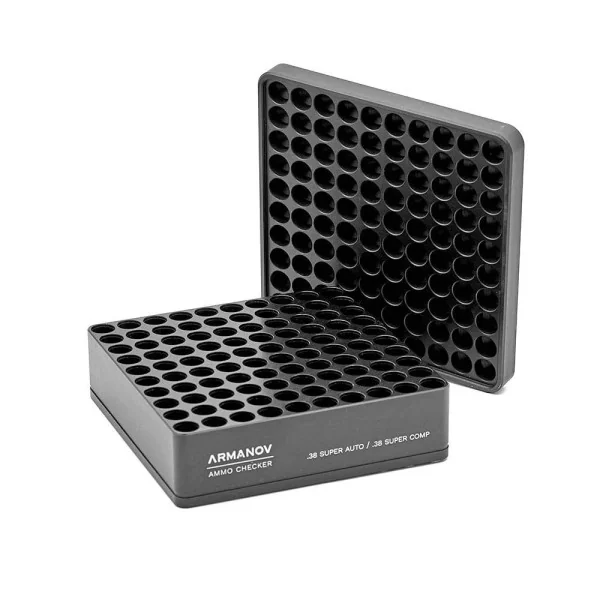 Armanov GB Case Gauge Box 100 pochettes avec couvercle rabattable, NOIR, calibre : .38 SUPER COMP pour MTM